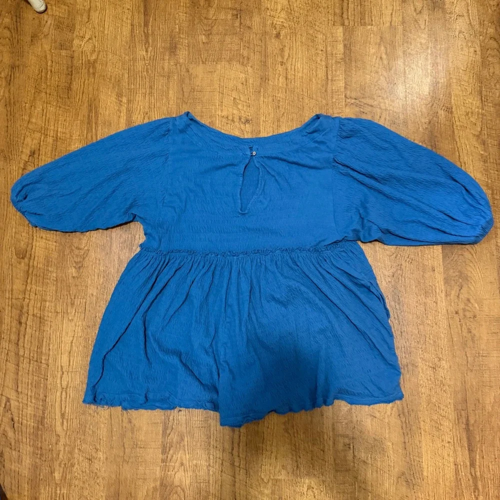 Free People FP Beach Peplum Top Womens L Blue Puff Sleeve Gauze Boho Chic Blouse